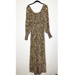 KACHEL x Anthropologie tiger print smocked wide leg jumpsuit 6 NEW